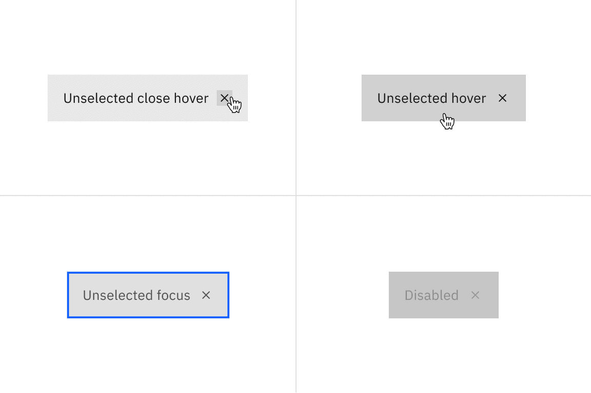 Unselected close hover, unselected hover, unselected focus, and disabled states for dismissible contained
tabs.